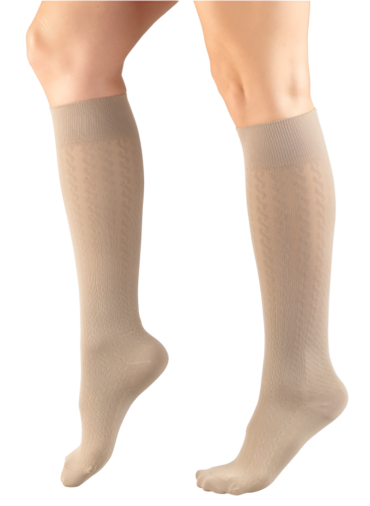 Media de compresión 15-20 mujer, rodilla, patrón tipo trenza