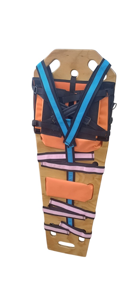 Tabla espinal con inmovilizador de cabeza y cinturón araña pediátrica