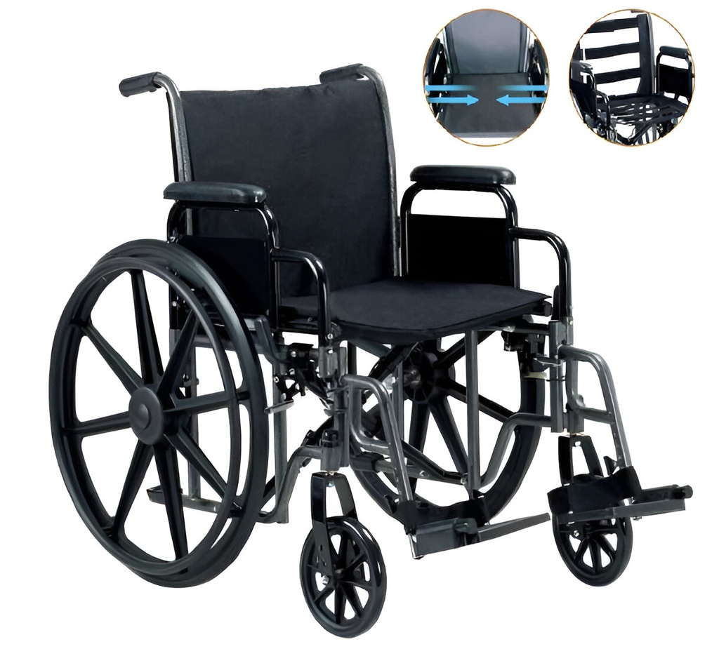   Silla de ruedas con asiento y respaldo ajustable.  