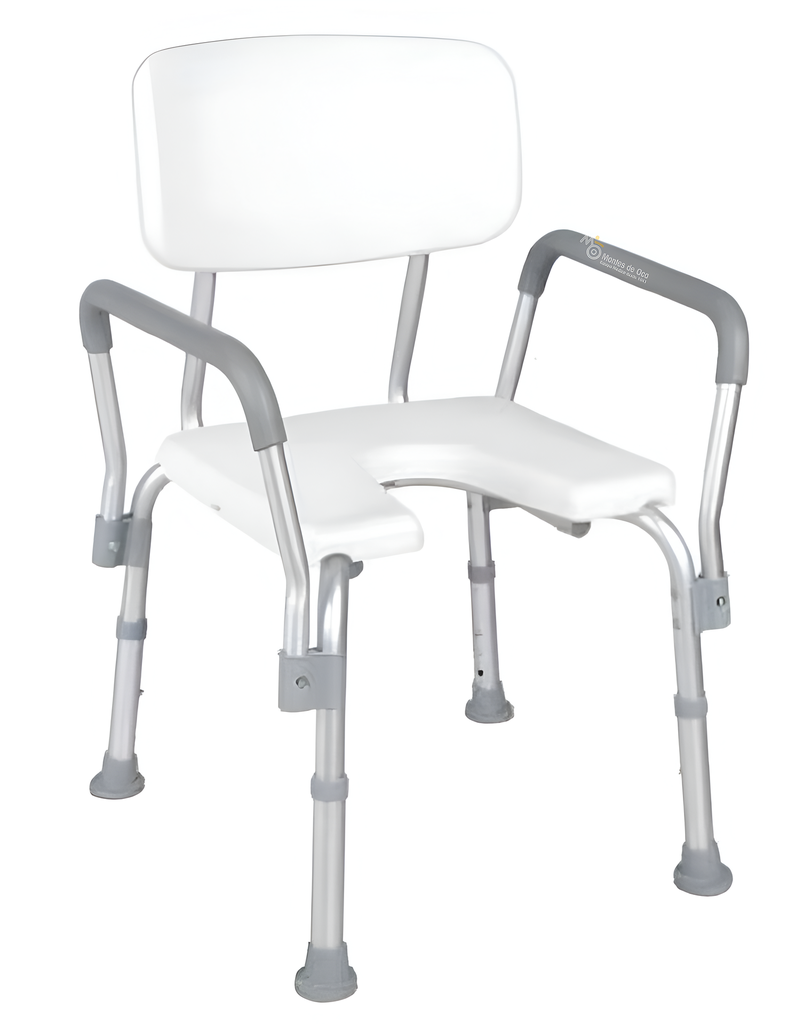 Silla de baño con respaldo, apoya brazos y asiento en U