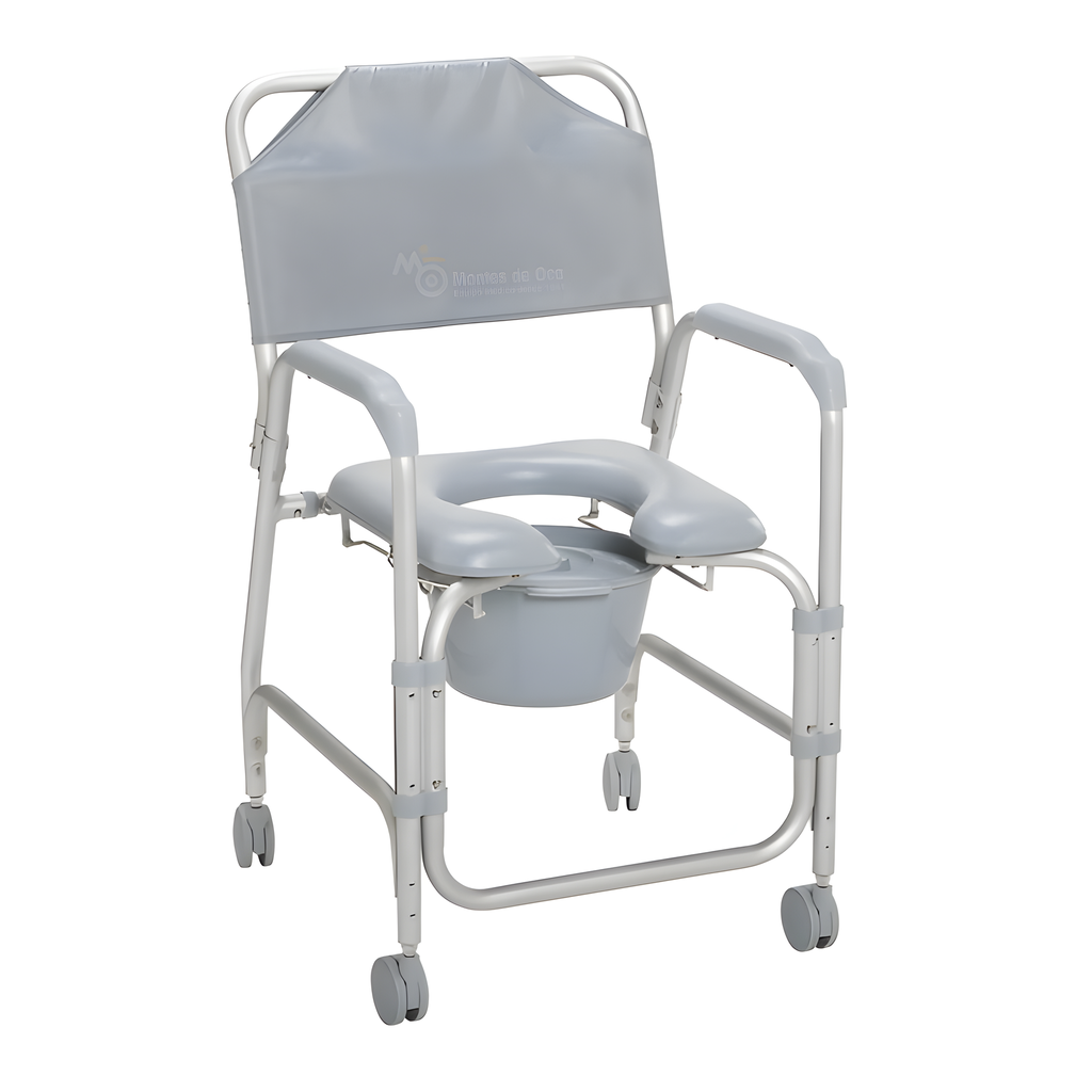 Silla de baño e inodoro con respaldo, asiento acolchado y rodines